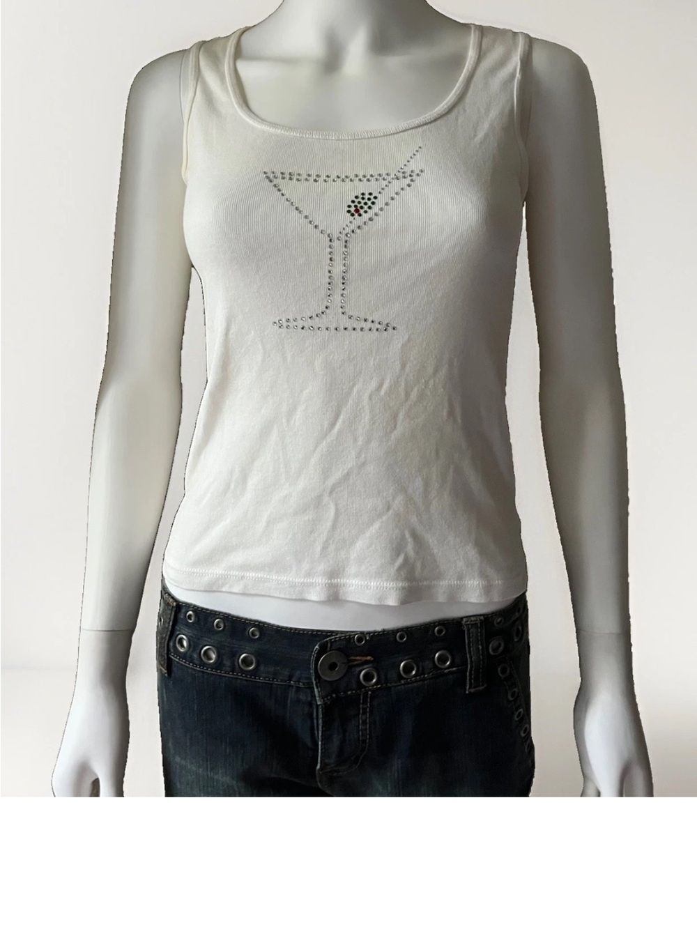 VINTAGE MAR TEE NI Rhinestone Embellished Sleeveless White Cotton Tank Top Small